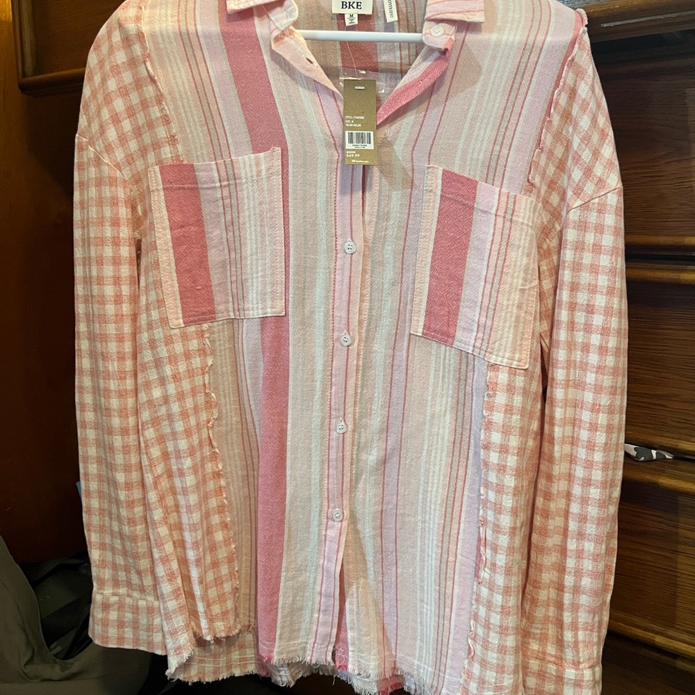 BKE Pink Striped and Gingham Button-Down Shirt